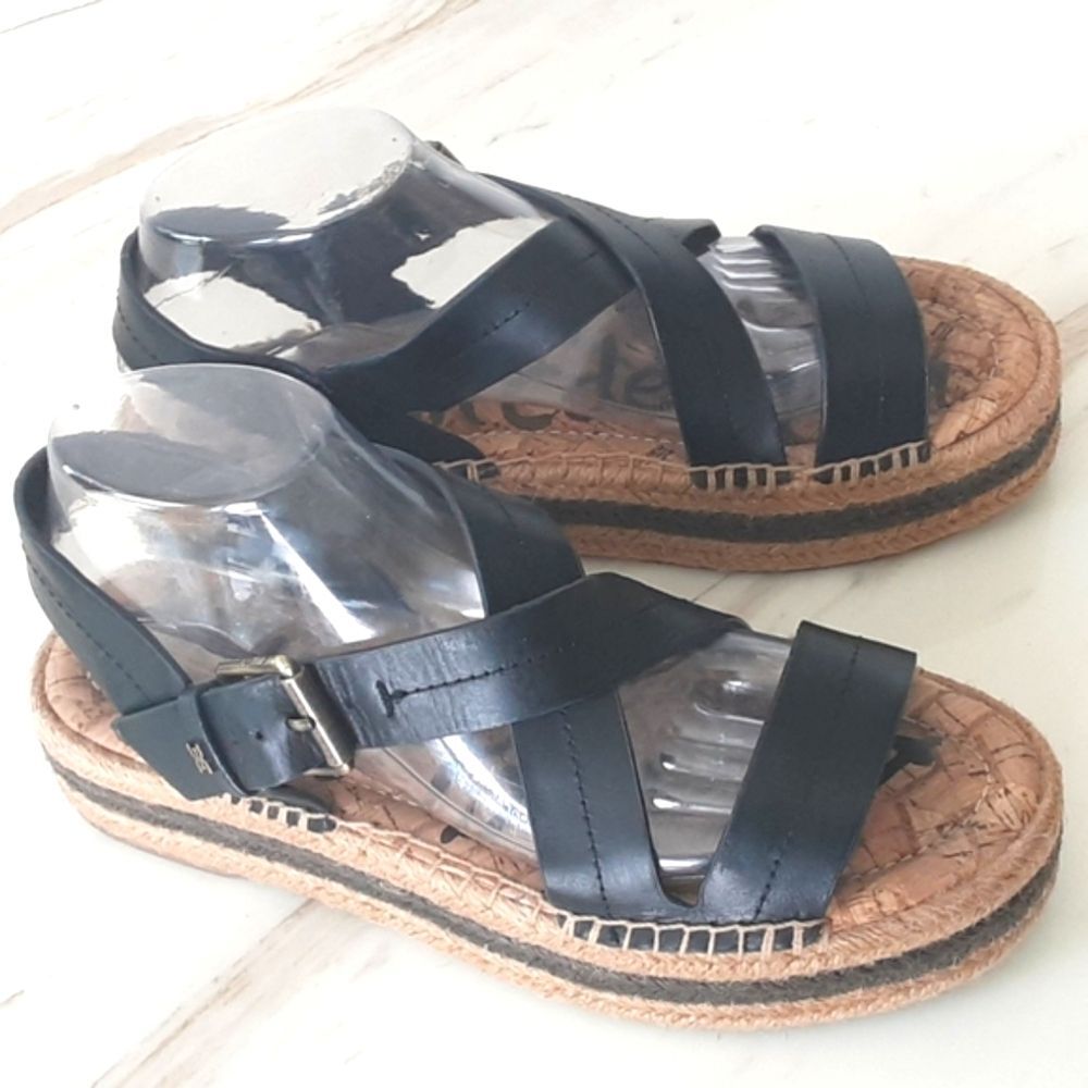 SAM EDELMAN Aisling Black Leather Platform Espadrille Sandal Sz 9